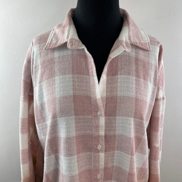 SAINTS & HEARTS Plaid Oversized Flannel Shirt Pink White Ombre Long Slv Top M ? - Picture 2 of 8